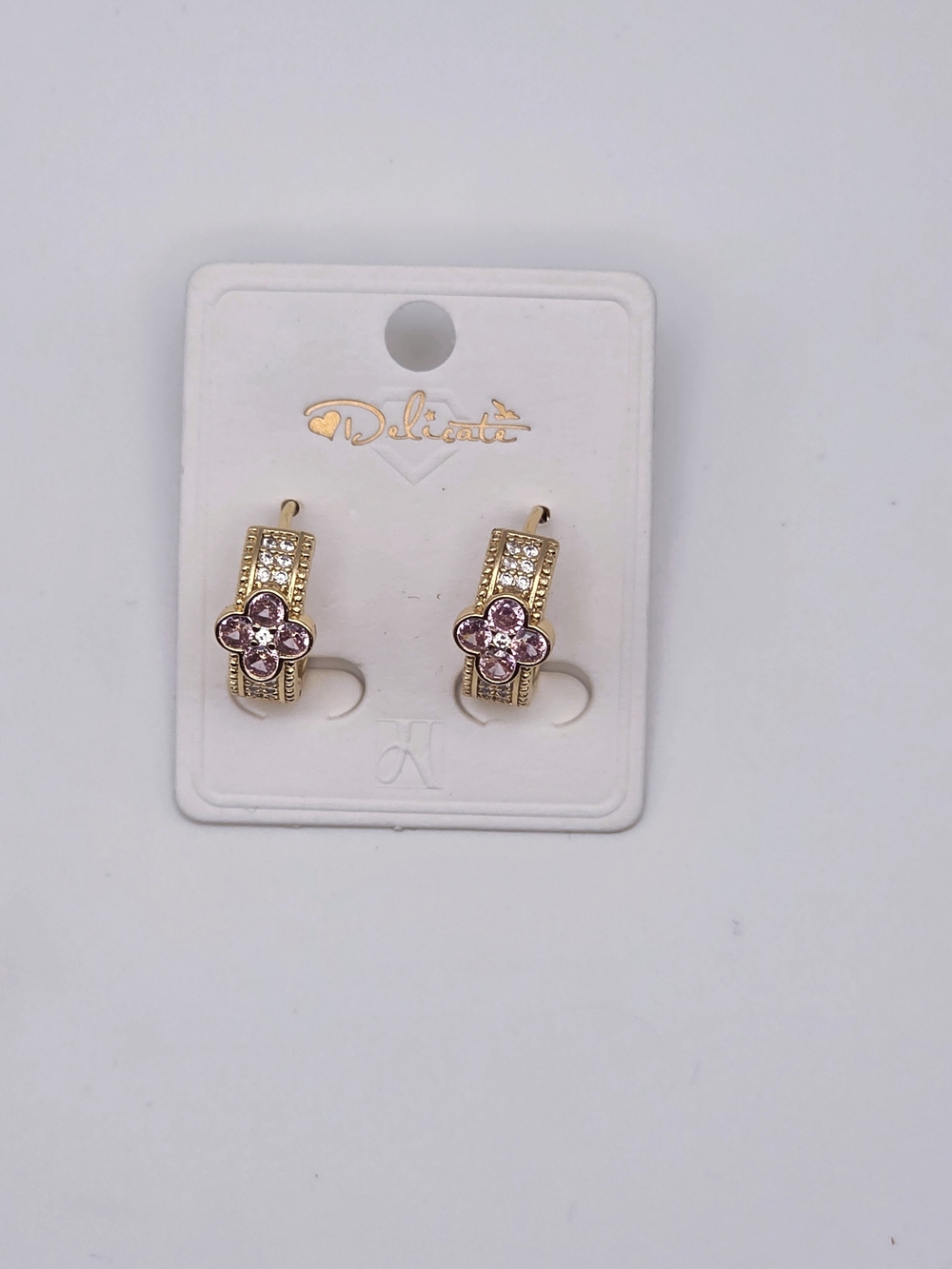 delicates Gold-Tone Hoop Earrings with Pink Crystal Flower Accents